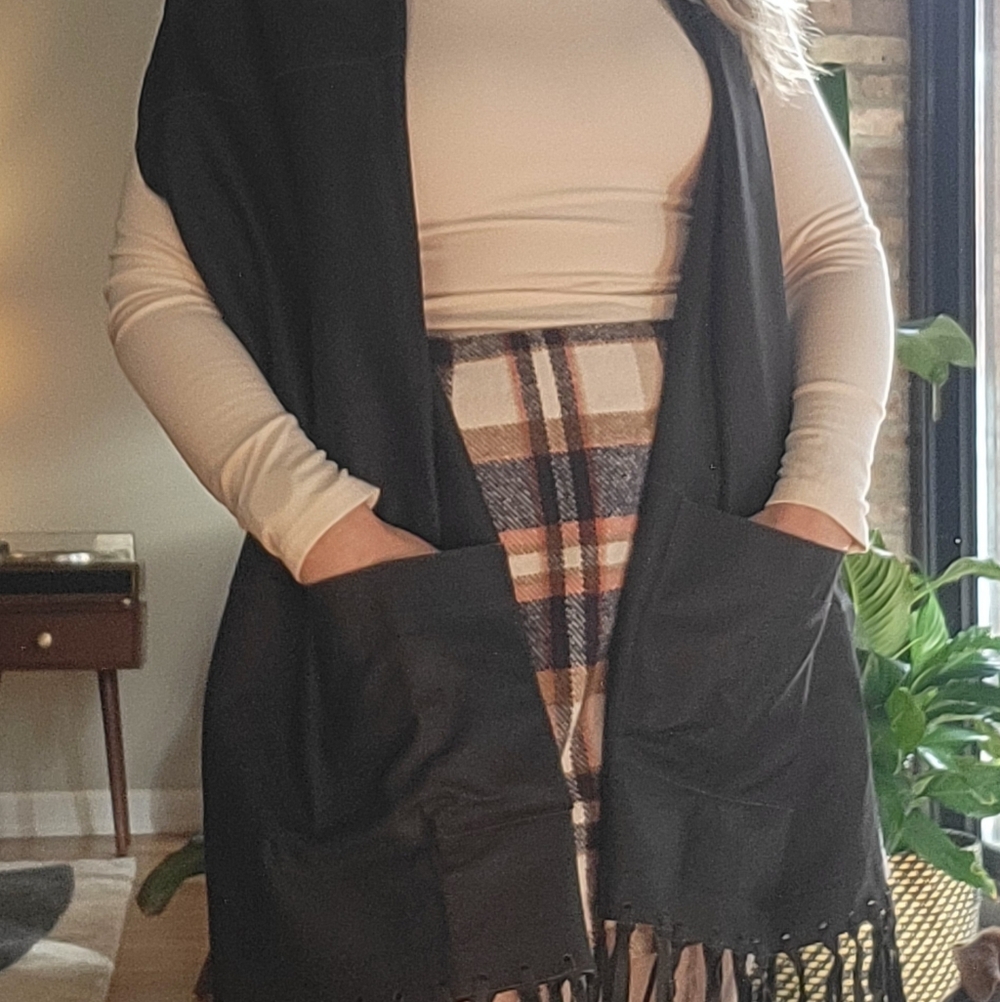 Chocolate Leather Fringe Vest/Scarf/Shawl with Pockets